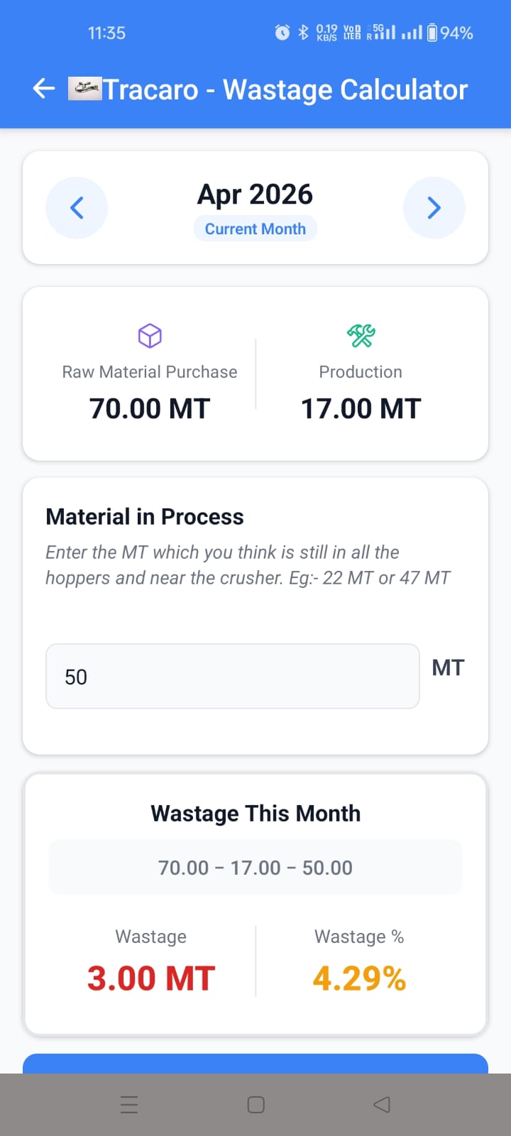 Wastage calculator screenshot